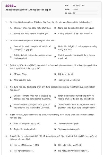 Bài tập tổng ôn Lịch sử - Liên hợp quốc có đáp án