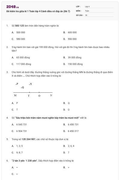 Đề kiểm tra giữa kì 1 Toán lớp 4 Cánh diều có đáp án (Đề 7)