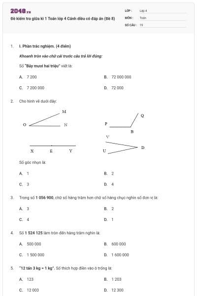Đề kiểm tra giữa kì 1 Toán lớp 4 Cánh diều có đáp án (Đề 8)