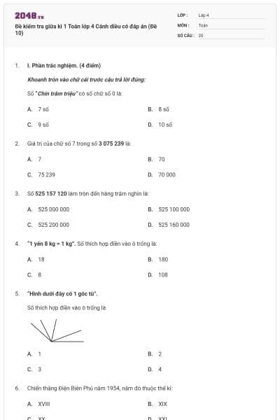 Đề kiểm tra giữa kì 1 Toán lớp 4 Cánh diều có đáp án (Đề 10)