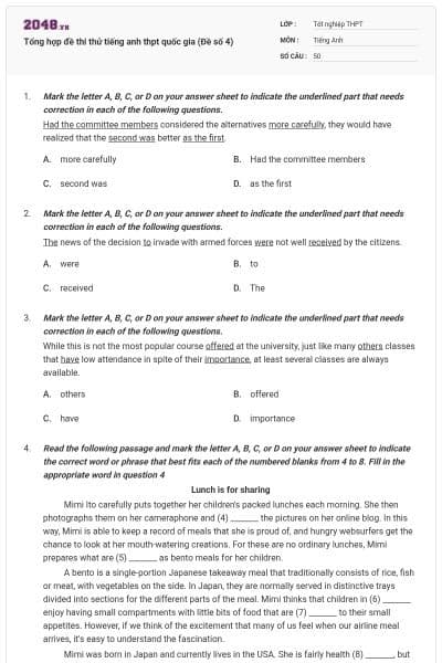 Tổng hợp đề thi thử tiếng anh thpt quốc gia (Đề số 4)