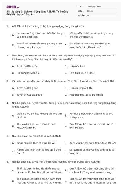 Bài tập tổng ôn Lịch sử - Cộng đồng ASEAN: Từ ý tưởng đến hiện thực có đáp án