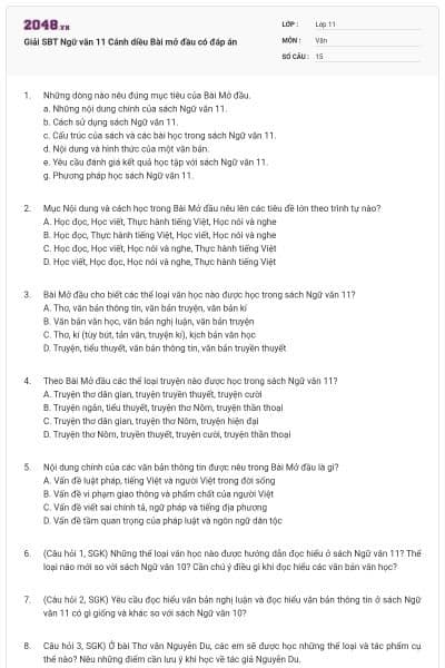 Giải SBT Ngữ văn 11 Cánh diều Bài mở đầu có đáp án