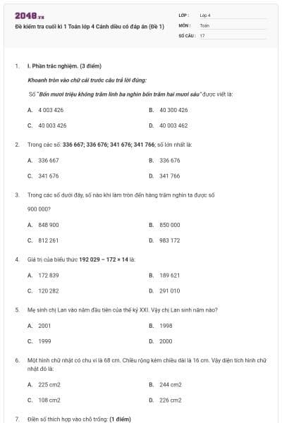 Đề kiểm tra cuối kì 1 Toán lớp 4 Cánh diều có đáp án (Đề 1)
