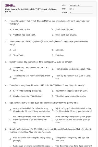 Đề thi tham khảo ôn thi tốt nghiệp THPT Lịch sử có đáp án (Đề 2)