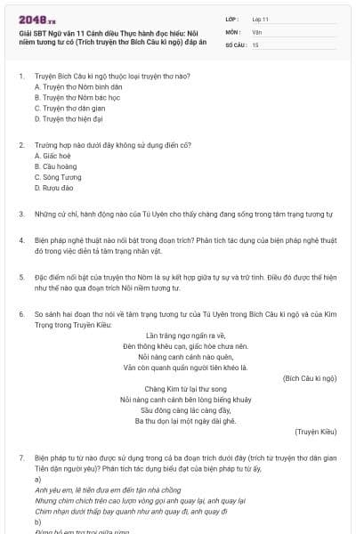 Giải SBT Ngữ văn 11 Cánh diều Thực hành đọc hiểu: Nỗi niềm tương tư có (Trích truyện thơ Bích Câu kì ngộ) đáp án