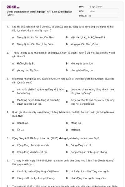Đề thi tham khảo ôn thi tốt nghiệp THPT Lịch sử có đáp án (Đề 4)