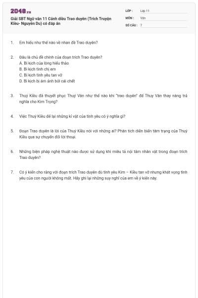Giải SBT Ngữ văn 11 Cánh diều Trao duyên (Trích Truyện Kiều- Nguyễn Du) có đáp án