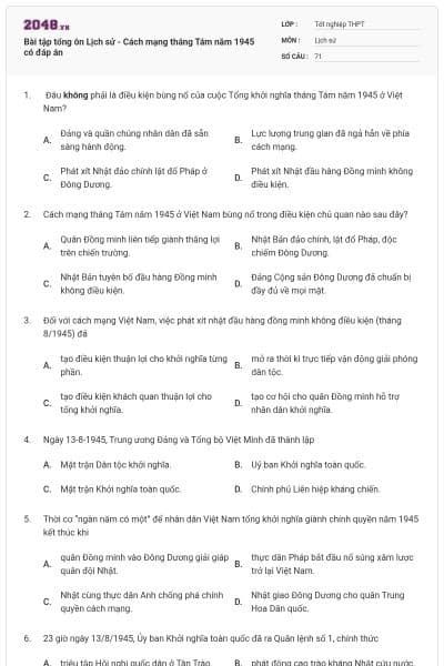 Bài tập tổng ôn Lịch sử - Cách mạng tháng Tám năm 1945 có đáp án