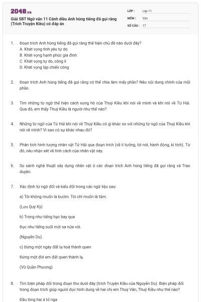 Giải SBT Ngữ văn 11 Cánh diều Anh hùng tiếng đã gọi rằng (Trích Truyện Kiều) có đáp án