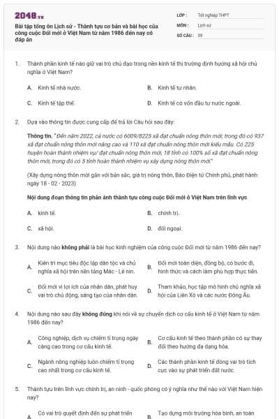 Bài tập tổng ôn Lịch sử - Thành tựu cơ bản và bài học của công cuộc Đổi mới ở Việt Nam từ năm 1986 đến nay có đáp án