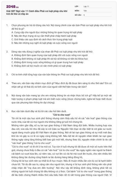 Giải SBT Ngữ văn 11 Cánh diều Phải coi luật pháp như khí trời để thở có đáp án