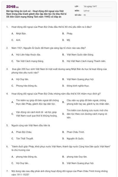 Bài tập tổng ôn Lịch sử - Hoạt động đối ngoại của Việt Nam trong đấu tranh giành độc lập dân tộc (từ đầu thế kỉ XX đến Cách mạng tháng Tám năm 1945) có đáp án