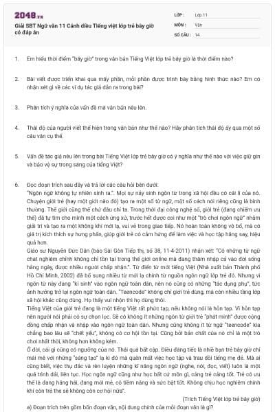 Giải SBT Ngữ văn 11 Cánh diều Tiếng việt lớp trẻ bây giờ có đáp án