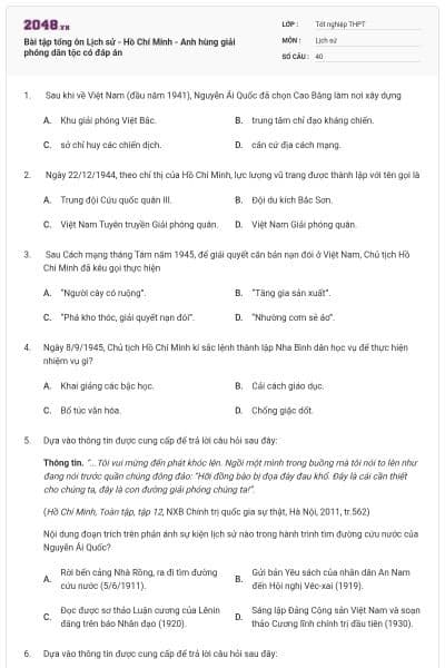 Bài tập tổng ôn Lịch sử - Hồ Chí Minh - Anh hùng giải phóng dân tộc có đáp án