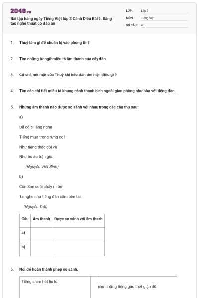 Bài tập hàng ngày Tiếng Việt lớp 3 Cánh Diều Bài 9: Sáng tạo nghệ thuật có đáp án