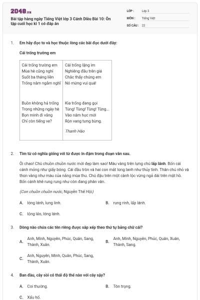 Bài tập hàng ngày Tiếng Việt lớp 3 Cánh Diều Bài 10: Ôn tập cuối học kì 1 có đáp án