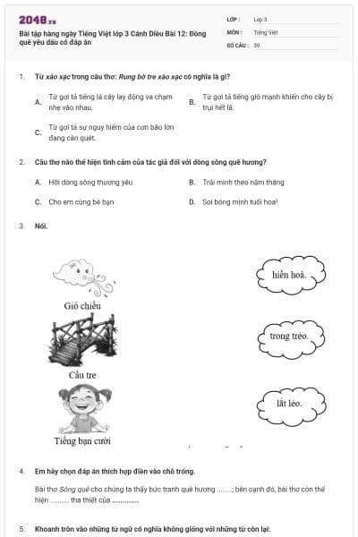 Bài tập hàng ngày Tiếng Việt lớp 3 Cánh Diều Bài 12: Đồng quê yêu dấu có đáp án
