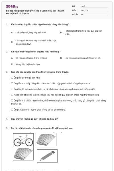 Bài tập hàng ngày Tiếng Việt lớp 3 Cánh Diều Bài 14: Anh em một nhà có đáp án