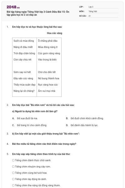 Bài tập hàng ngày Tiếng Việt lớp 3 Cánh Diều Bài 15: Ôn tập giữa học kì 2 có đáp án