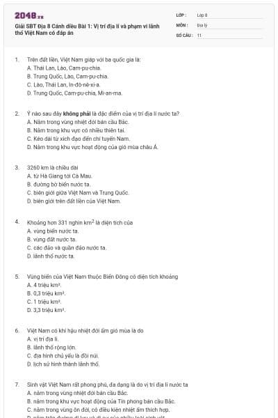 Giải SBT Địa 8 Cánh diều Bài 1: Vị trí địa lí và phạm vi lãnh thổ Việt Nam có đáp án
