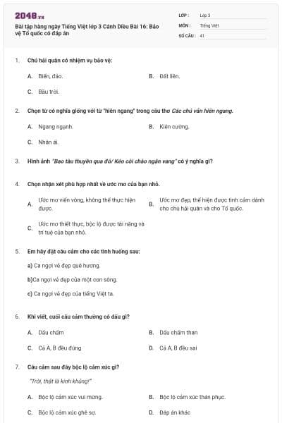 Bài tập hàng ngày Tiếng Việt lớp 3 Cánh Diều Bài 16: Bảo vệ Tổ quốc có đáp án