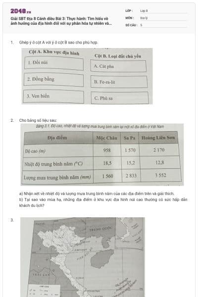 Giải SBT Địa 8 Cánh diều Bài 3: Thực hành: Tìm hiểu về ảnh hưởng của địa hình đối với sự phân hóa tự nhiên và khai thác kinh tế có đáp án
