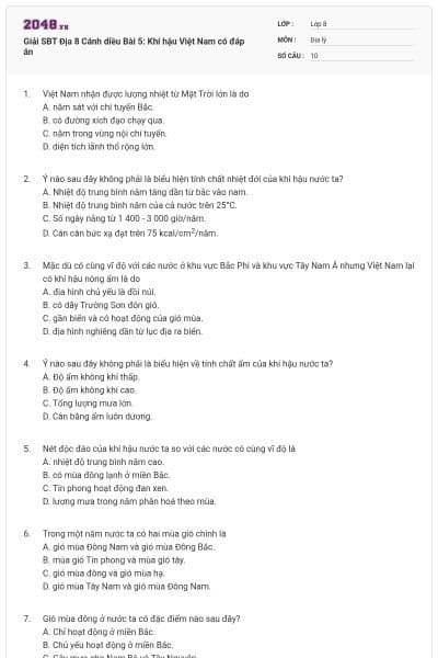 Giải SBT Địa 8 Cánh diều Bài 5: Khí hậu Việt Nam có đáp án