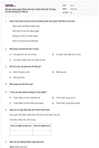 Bài tập hàng ngày Tiếng Việt lớp 3 Cánh Diều Bài 18: Bạn bè bốn phương có đáp án