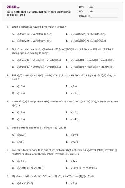 Bộ 10 đề thi giữa kì 2 Toán 7 Kết nối tri thức cấu trúc mới có đáp án - Đề 3