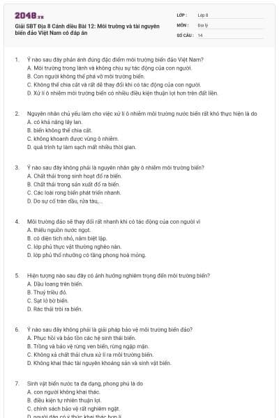 Giải SBT Địa 8 Cánh diều Bài 12: Môi trường và tài nguyên biển đảo Việt Nam có đáp án