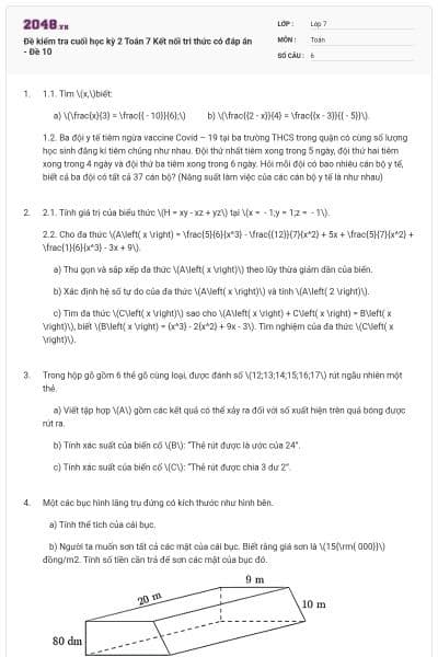Đề kiểm tra cuối học kỳ 2 Toán 7 Kết nối tri thức có đáp án - Đề 10
