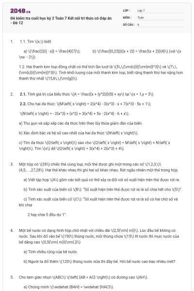 Đề kiểm tra cuối học kỳ 2 Toán 7 Kết nối tri thức có đáp án - Đề 12