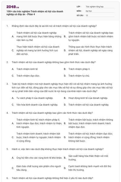 100+ câu trắc nghiệm Trách nhiệm xã hội của doanh nghiệp có đáp án - Phần 4