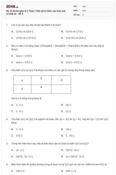 Bộ 10 đề thi giữa kì 2 Toán 7 Kết nối tri thức cấu trúc mới có đáp án - Đề 4