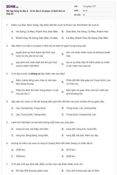 Bài tập tổng ôn Địa lí - Vị trí địa lí và phạm vi lãnh thổ có đáp án