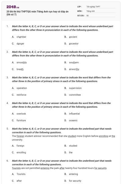20 Đề thi thử THPTQG môn Tiếng Anh cực hay có đáp án (Đề số 7)