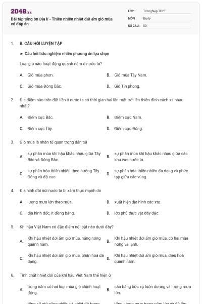 Bài tập tổng ôn Địa lí - Thiên nhiên nhiệt đới ẩm gió mùa có đáp án