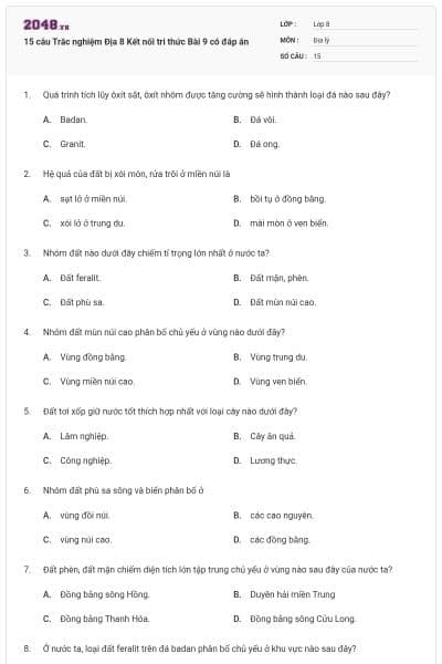 15 câu Trắc nghiệm Địa 8 Kết nối tri thức Bài 9 có đáp án