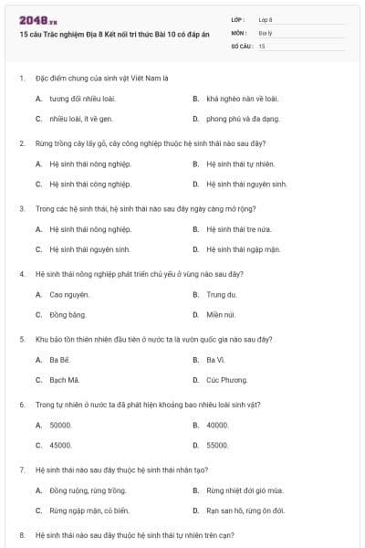 15 câu Trắc nghiệm Địa 8 Kết nối tri thức Bài 10 có đáp án