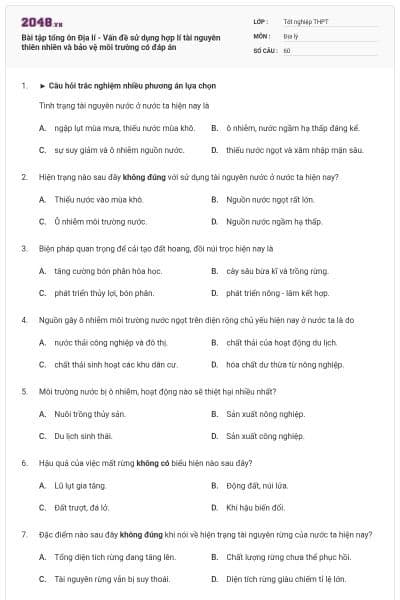 Bài tập tổng ôn Địa lí - Vấn đề sử dụng hợp lí tài nguyên thiên nhiên và bảo vệ môi trường có đáp án