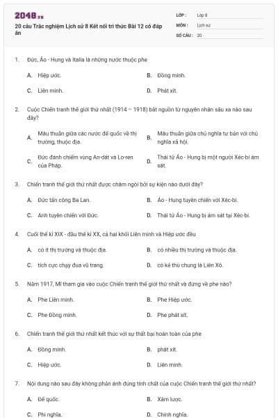 20 câu Trắc nghiệm Lịch sử 8 Kết nối tri thức Bài 12 có đáp án