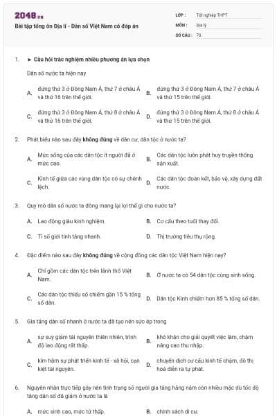 Bài tập tổng ôn Địa lí - Dân số Việt Nam có đáp án