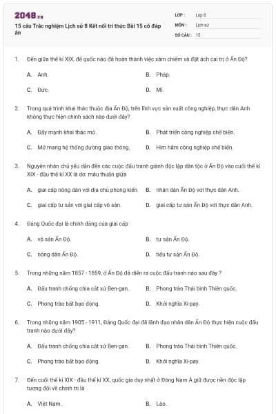 15 câu Trắc nghiệm Lịch sử 8 Kết nối tri thức Bài 15 có đáp án