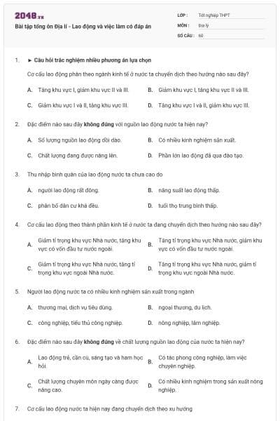 Bài tập tổng ôn Địa lí - Lao động và việc làm có đáp án