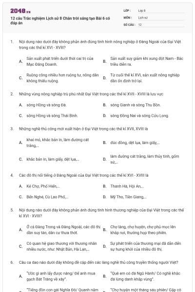 12 câu Trắc nghiệm Lịch sử 8 Chân trời sáng tạo Bài 6 có đáp án