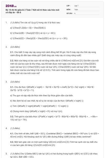 Bộ 10 đề thi giữa kì 2 Toán 7 Kết nối tri thức cấu trúc mới có đáp án - Đề 6