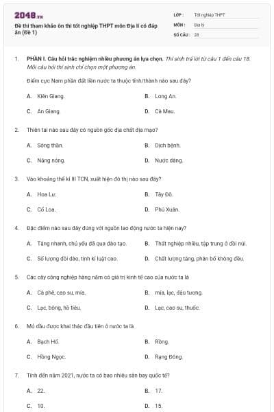 Đề thi tham khảo ôn thi tốt nghiệp THPT môn Địa lí có đáp án (Đề 1)