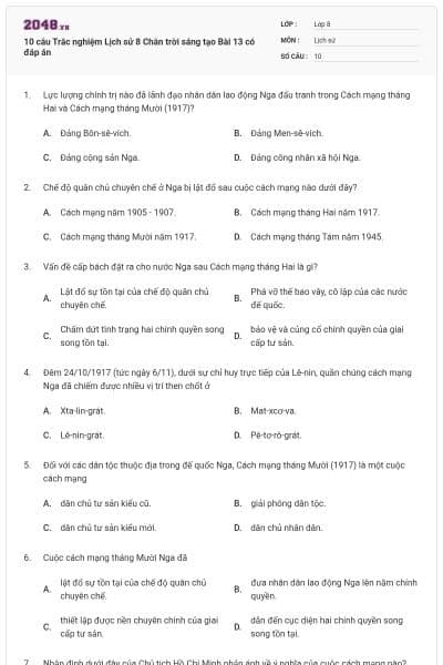 10 câu Trắc nghiệm Lịch sử 8 Chân trời sáng tạo Bài 13 có đáp án