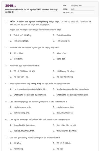 Đề thi tham khảo ôn thi tốt nghiệp THPT môn Địa lí có đáp án (Đề 2)
